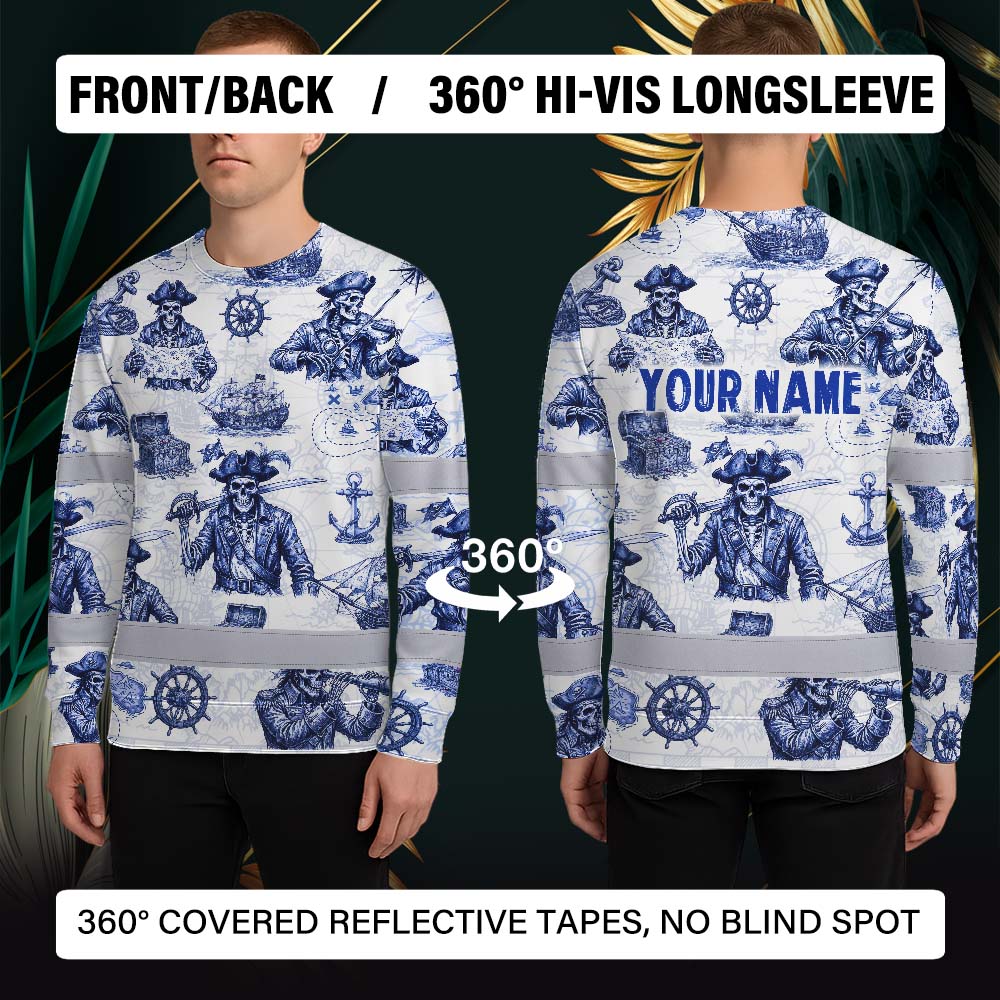 White Blue Skull Boat Hi-Vis Long Sleeve Shirt
