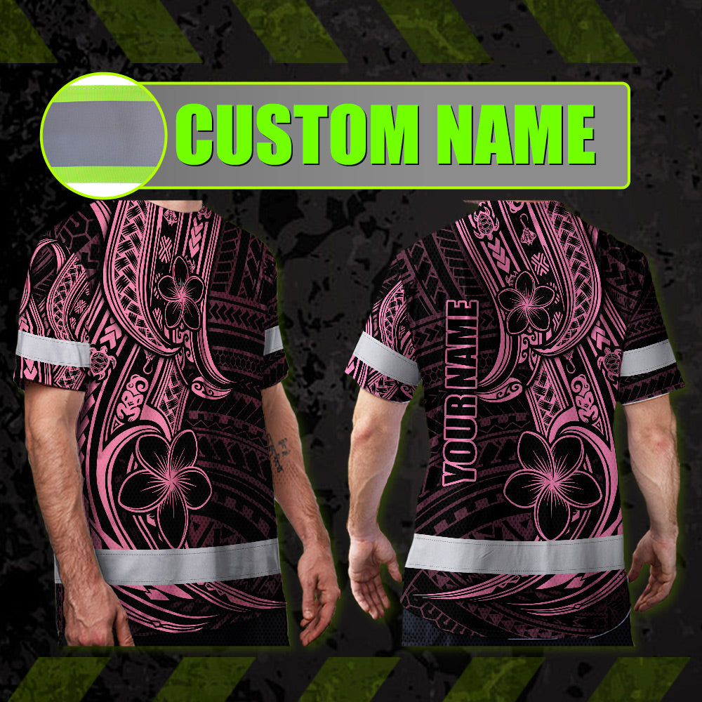 Pink Neon Polynesian And Flower Hi-Vis Work Shirt