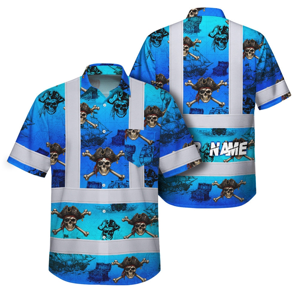 Blue Neon Gradient Skull Boat Hi-Vis Hawaiian Shirt