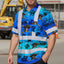 Blue Neon Gradient Skull Boat Hi-Vis Hawaiian Shirt