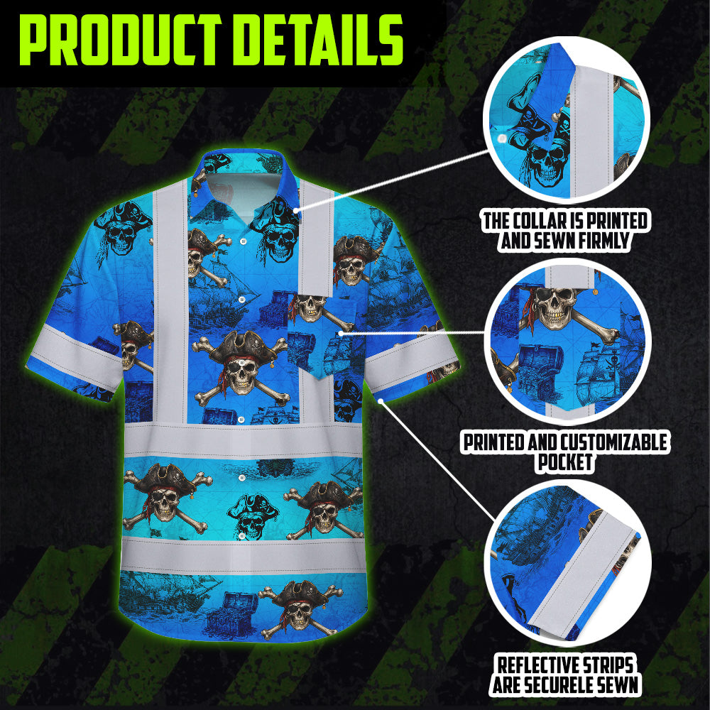 Blue Neon Gradient Skull Boat Hi-Vis Hawaiian Shirt