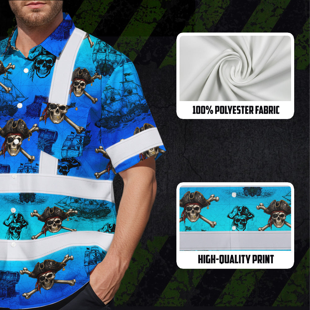 Blue Neon Gradient Skull Boat Hi-Vis Hawaiian Shirt