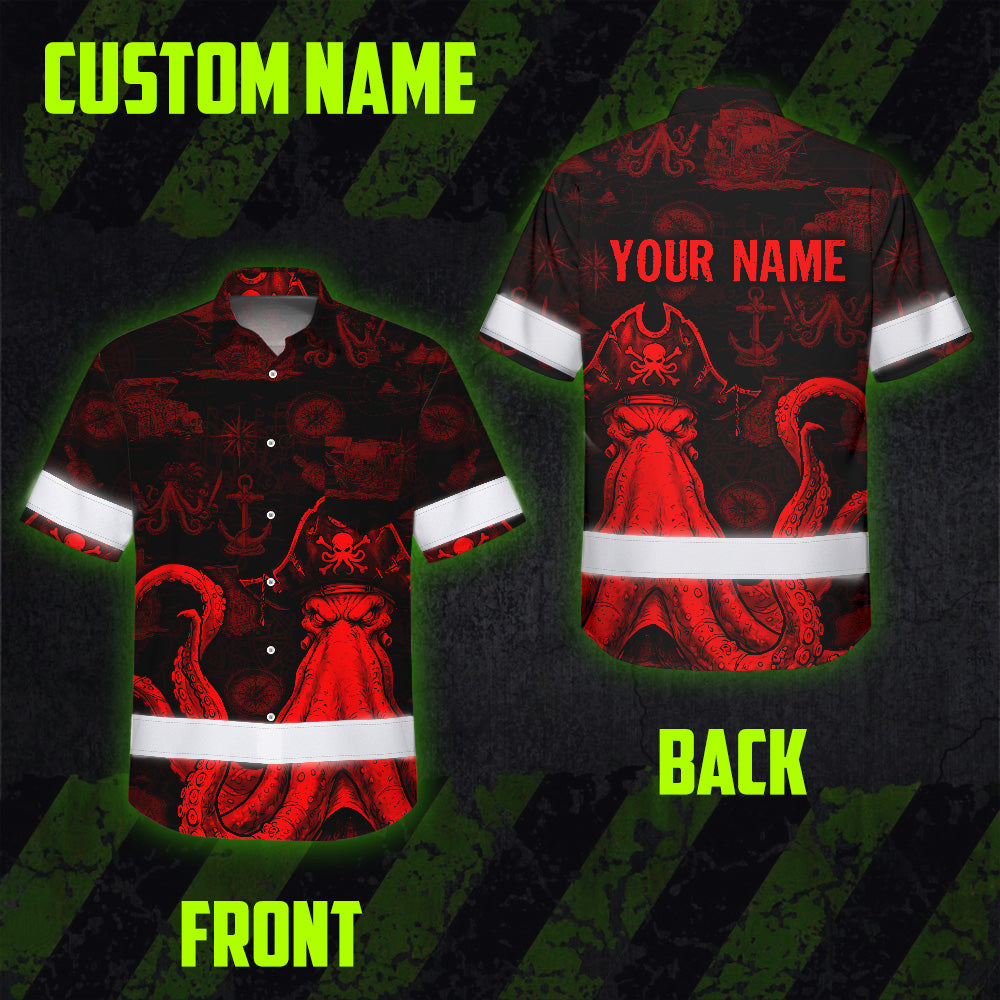Red Neon Skull Boat Octopus Hi-Vis Hawaiian Shirt
