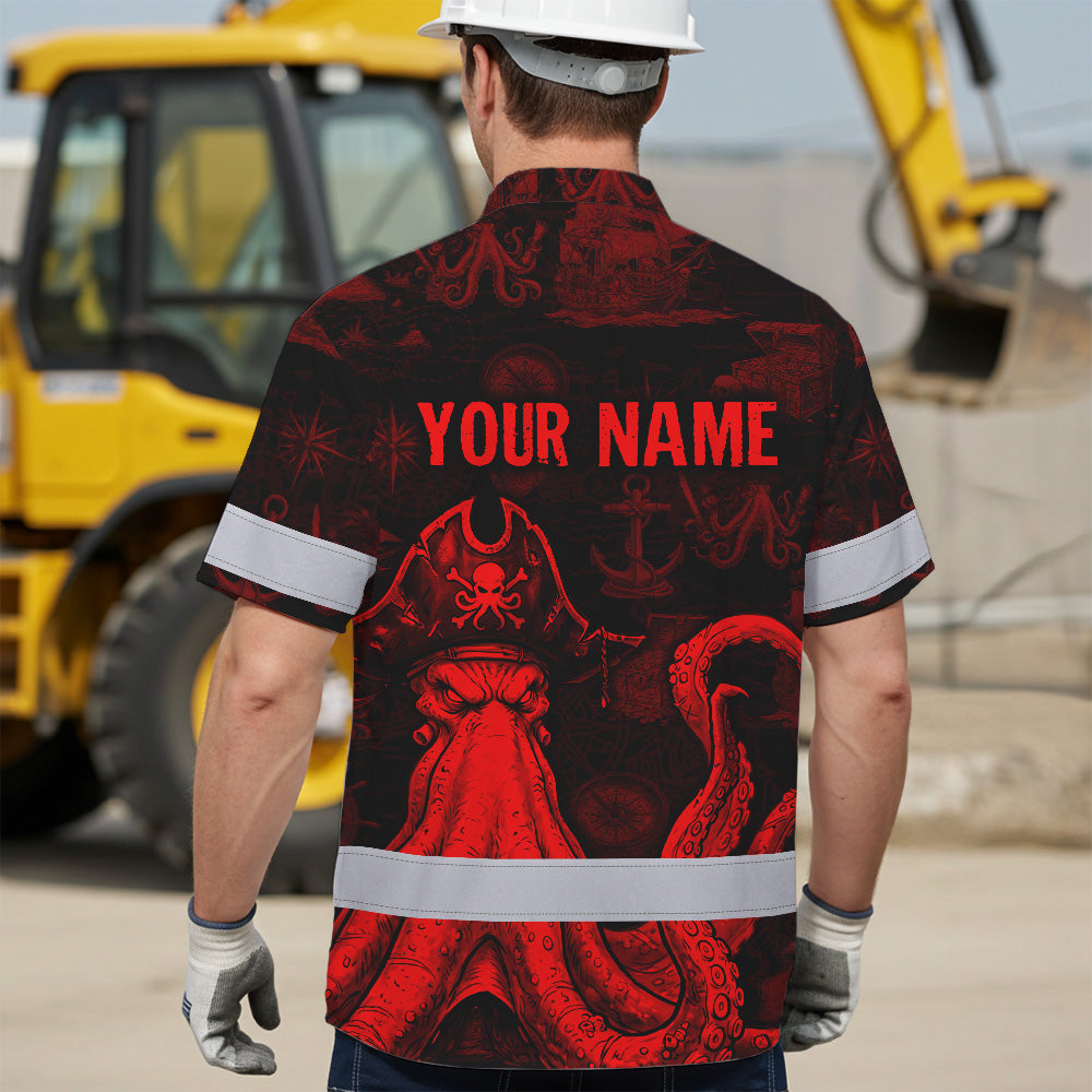 Red Neon Skull Boat Octopus Hi-Vis Hawaiian Shirt