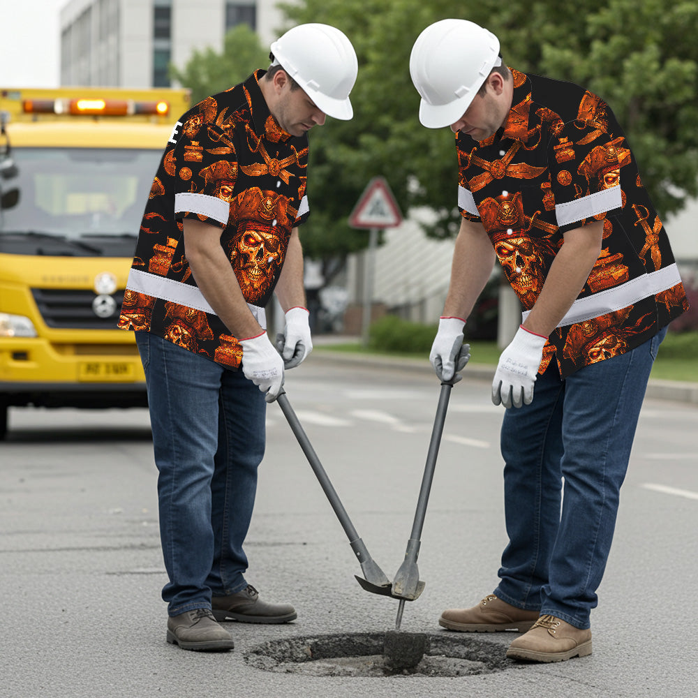 Orange Neon Skull Boat Hi-Vis Hawaiian Shirt
