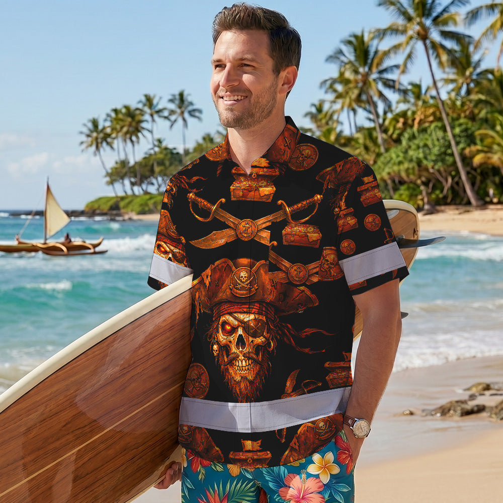 Orange Neon Skull Boat Hi-Vis Hawaiian Shirt