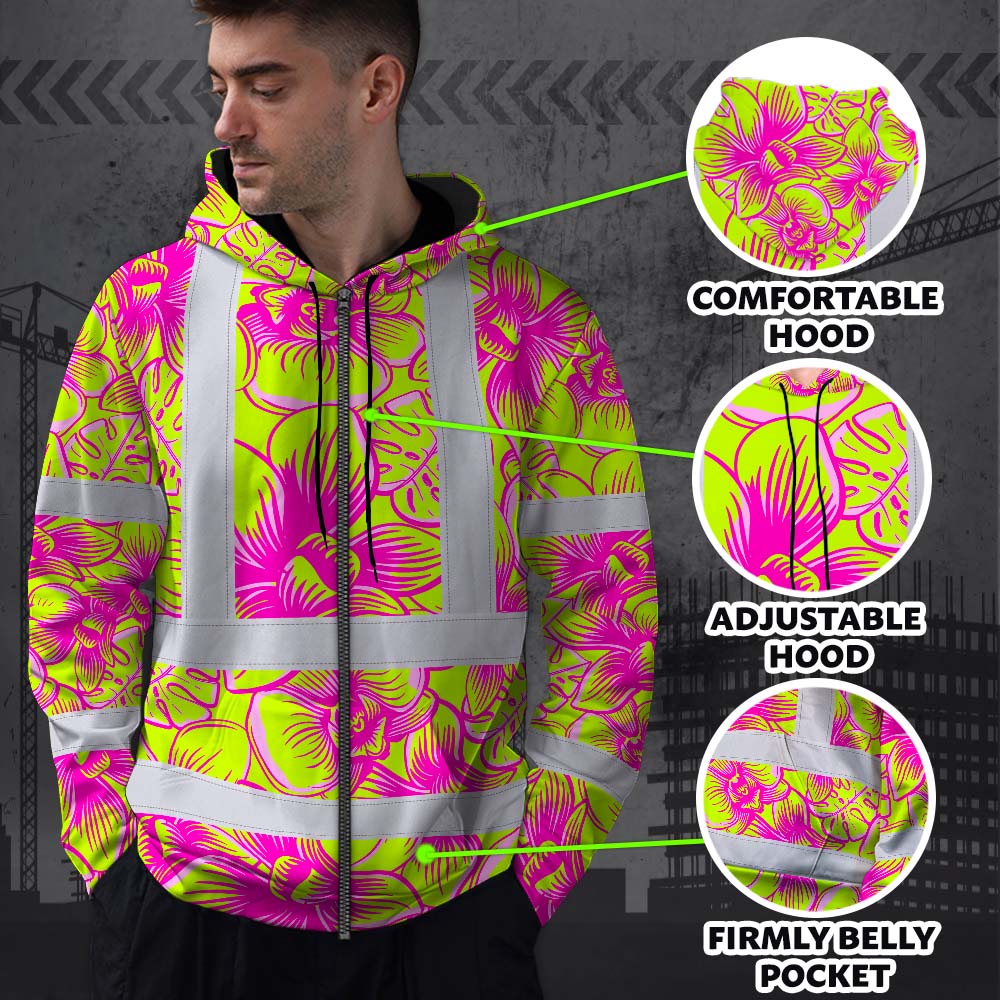 Pink Neon Yellow Orchid Hi-Vis Zip Hoodie