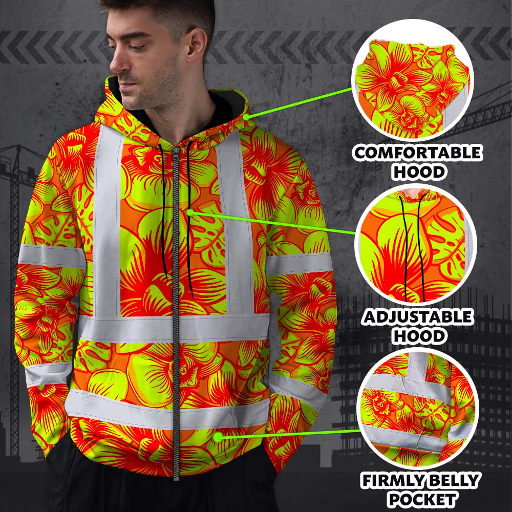 Orange Neon Yellow Orchid Hi-Vis Zip Hoodie