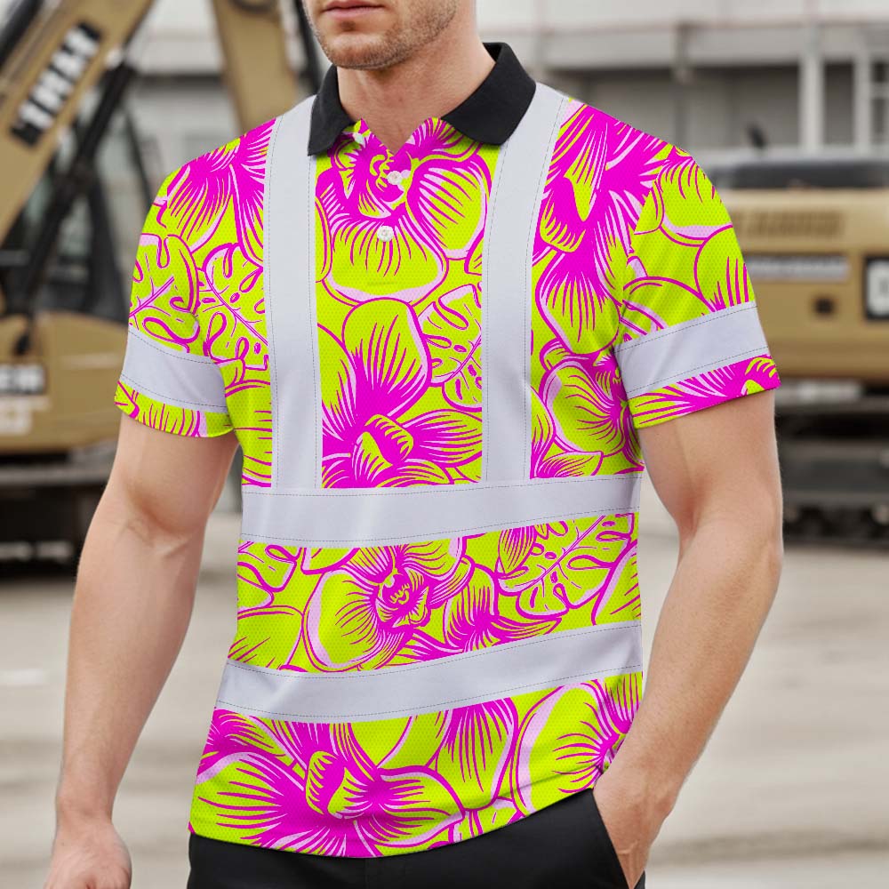 Pink Neon Yellow Orchid Hi-Vis Polo Shirt