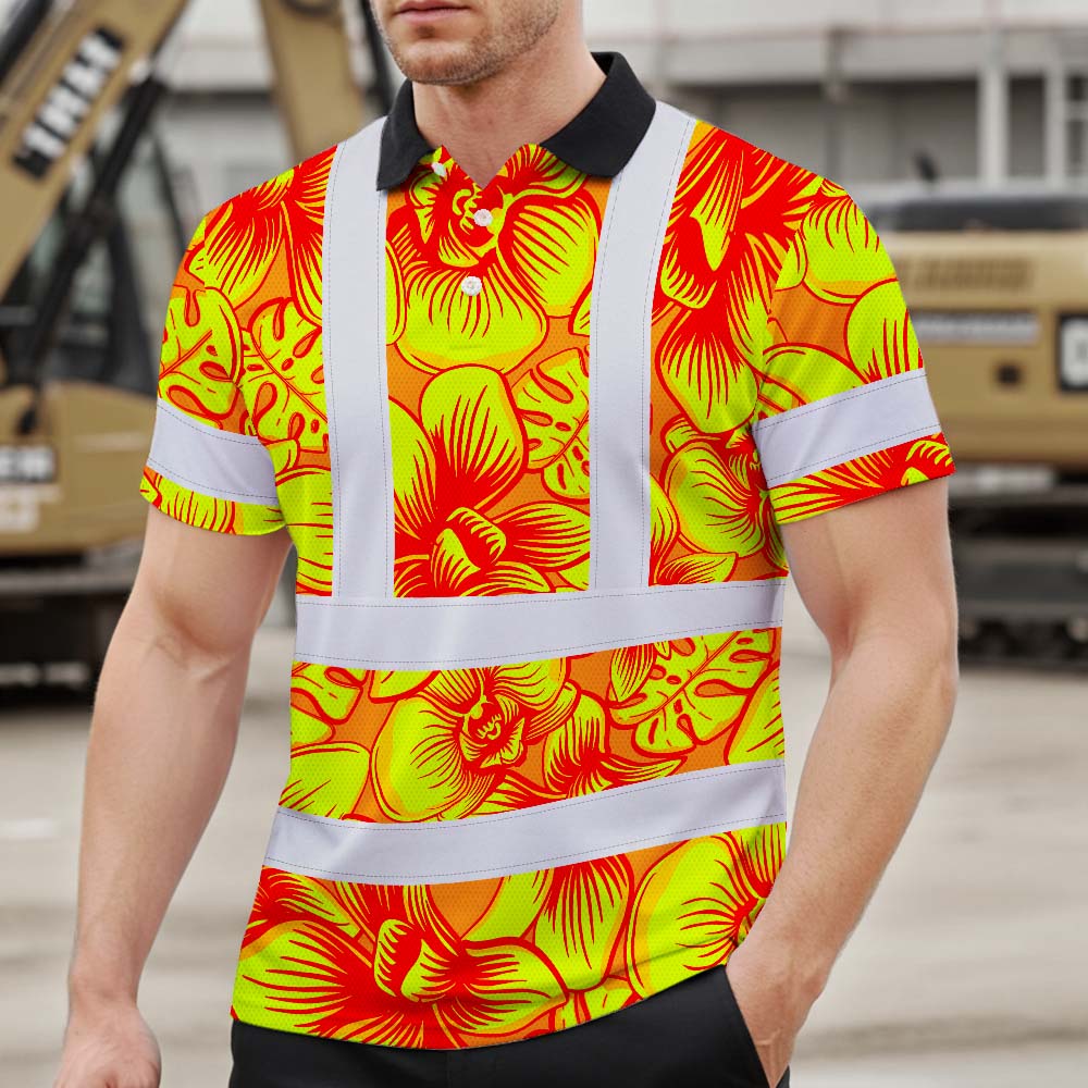 Orange Neon Yellow Orchid Hi-Vis Polo Shirt