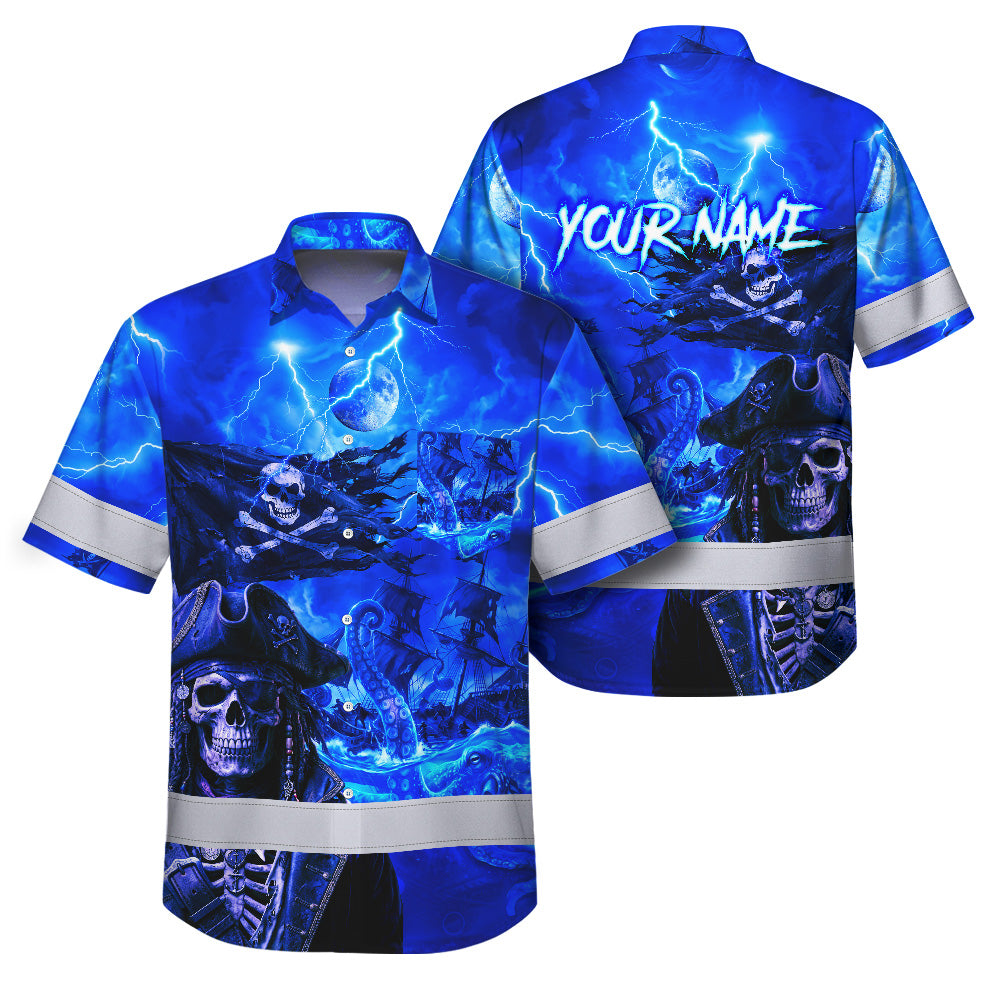 Blue Neon Skull Boat Hi-Vis Hawaiian Shirt