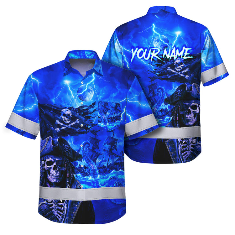 Blue Neon Skull Boat Hi-Vis Hawaiian Shirt