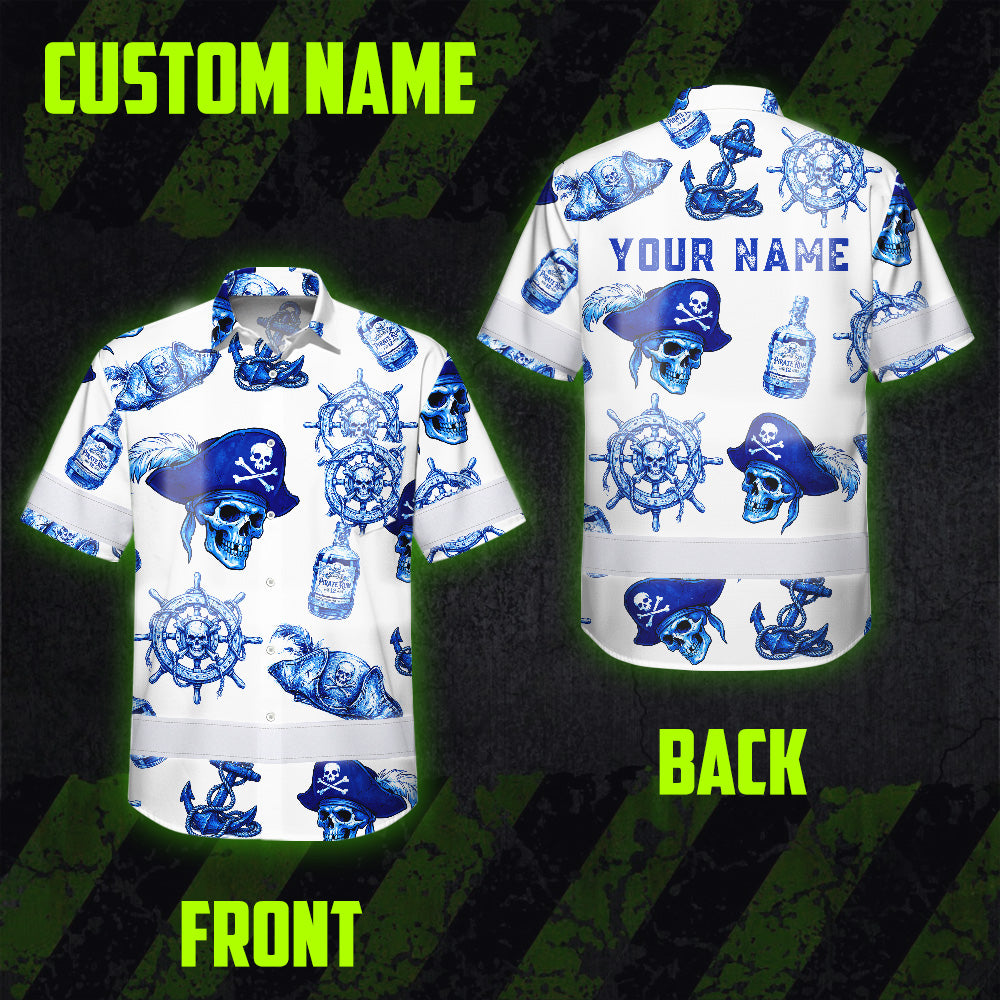 Blue White Skull Boat Hi-Vis Hawaiian Shirt