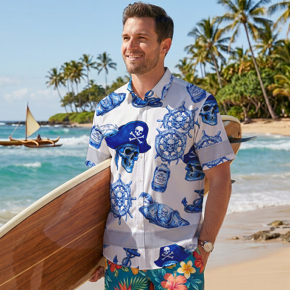 Blue White Skull Boat Hi-Vis Hawaiian Shirt