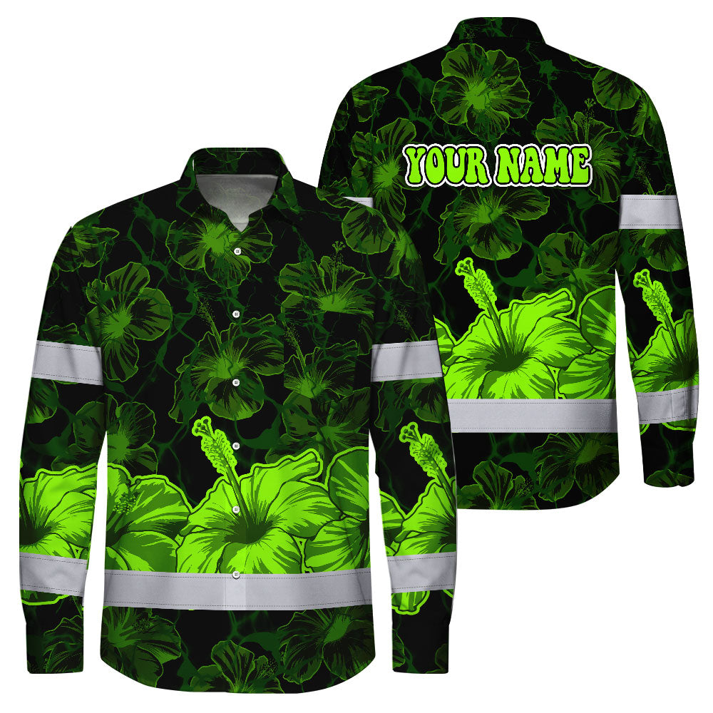 Hi Vis Hawaiian Long Sleeve Shirt Reflective Tapes Green Neon Hibiscus Flower Hi-Vis Long Sleeve Shirt