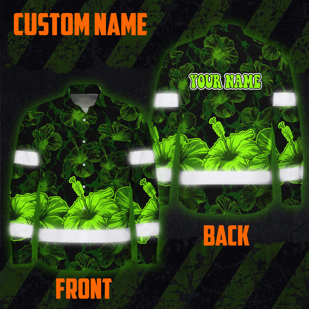 Hi Vis Hawaiian Long Sleeve Shirt Reflective Tapes Green Neon Hibiscus Flower Hi-Vis Long Sleeve Shirt