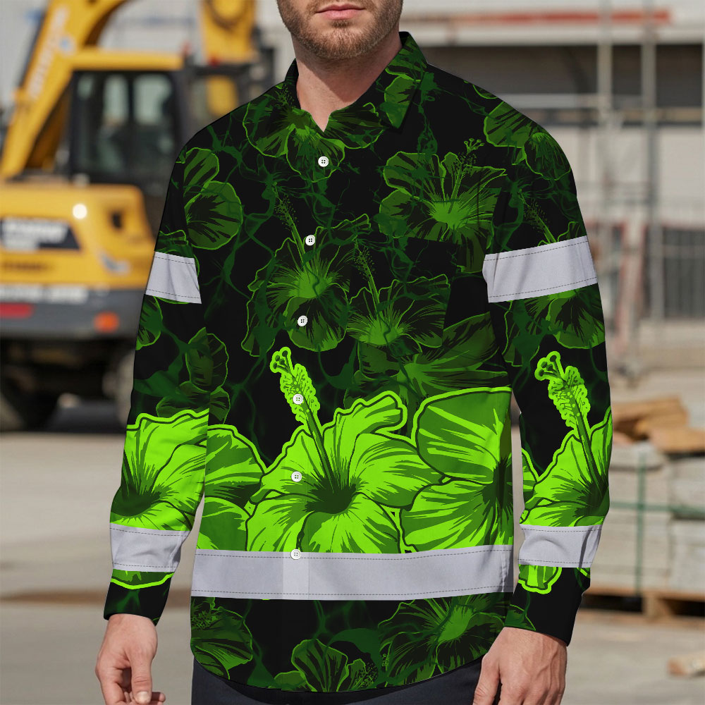 Hi Vis Hawaiian Long Sleeve Shirt Reflective Tapes Green Neon Hibiscus Flower Hi-Vis Long Sleeve Shirt