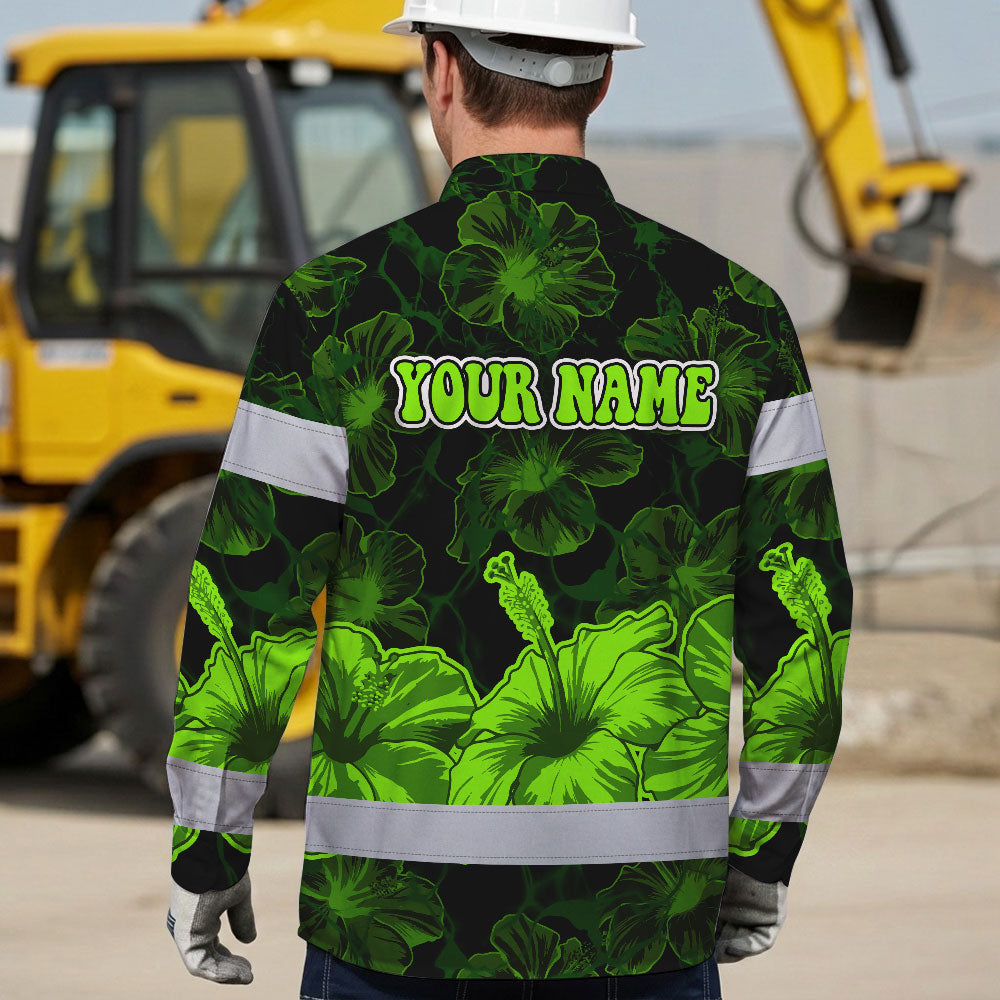 Hi Vis Hawaiian Long Sleeve Shirt Reflective Tapes Green Neon Hibiscus Flower Hi-Vis Long Sleeve Shirt