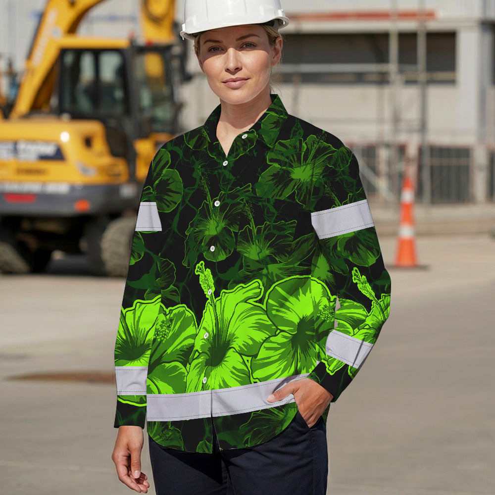 Hi Vis Hawaiian Long Sleeve Shirt Reflective Tapes Green Neon Hibiscus Flower Hi-Vis Long Sleeve Shirt