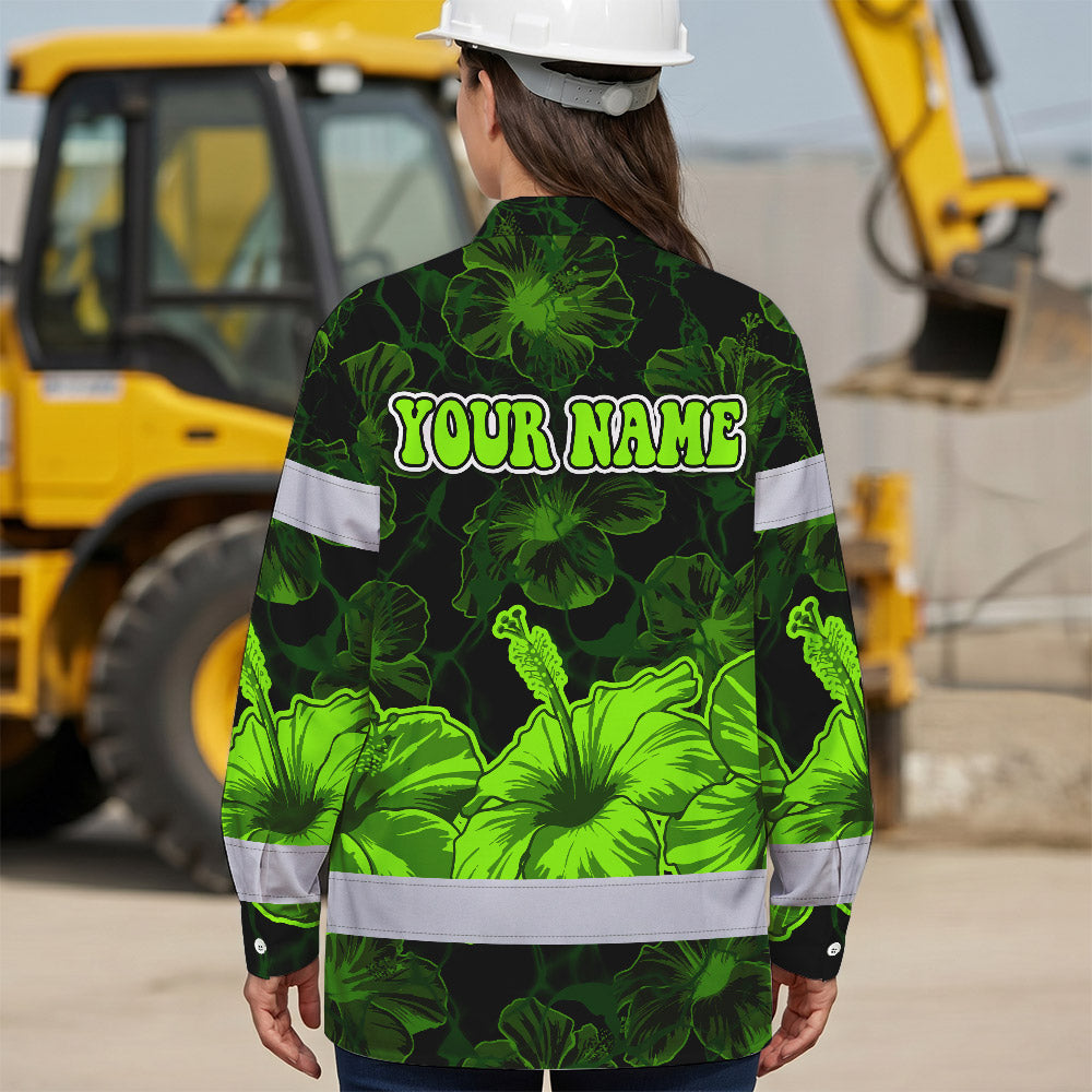 Hi Vis Hawaiian Long Sleeve Shirt Reflective Tapes Green Neon Hibiscus Flower Hi-Vis Long Sleeve Shirt