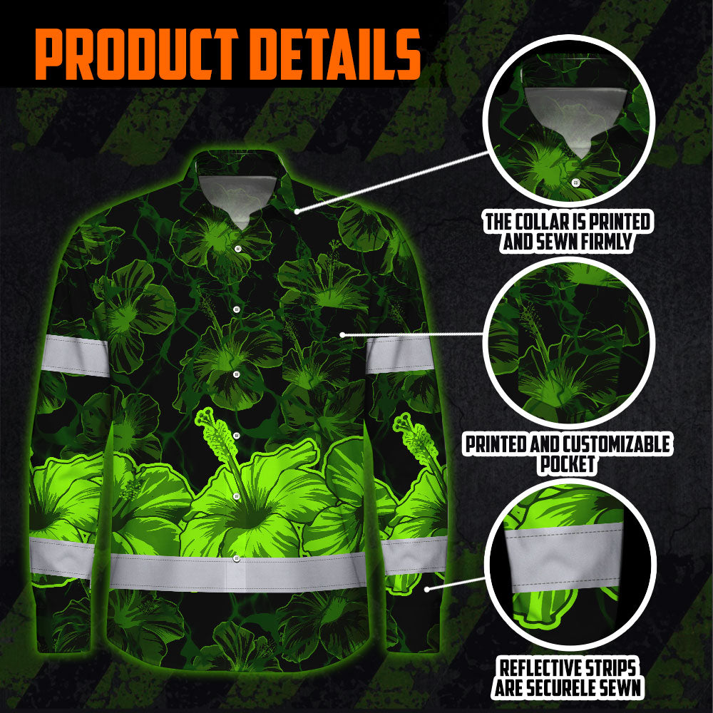 Hi Vis Hawaiian Long Sleeve Shirt Reflective Tapes Green Neon Hibiscus Flower Hi-Vis Long Sleeve Shirt