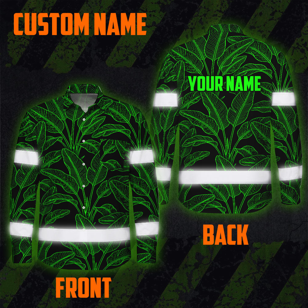 Hi Vis Hawaiian Long Sleeve Shirt Reflective Tapes Green Neon Leaves Hi-Vis Long Sleeve Shirt