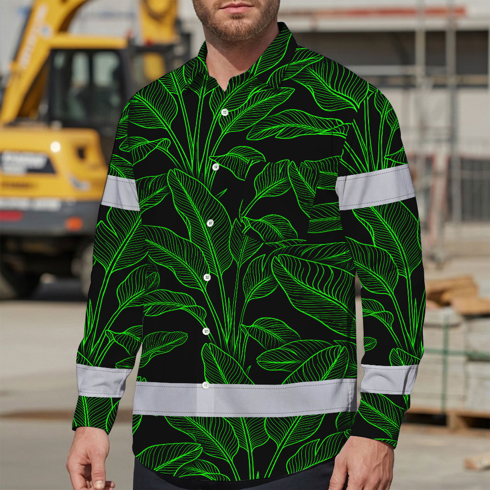 Hi Vis Hawaiian Long Sleeve Shirt Reflective Tapes Green Neon Leaves Hi-Vis Long Sleeve Shirt