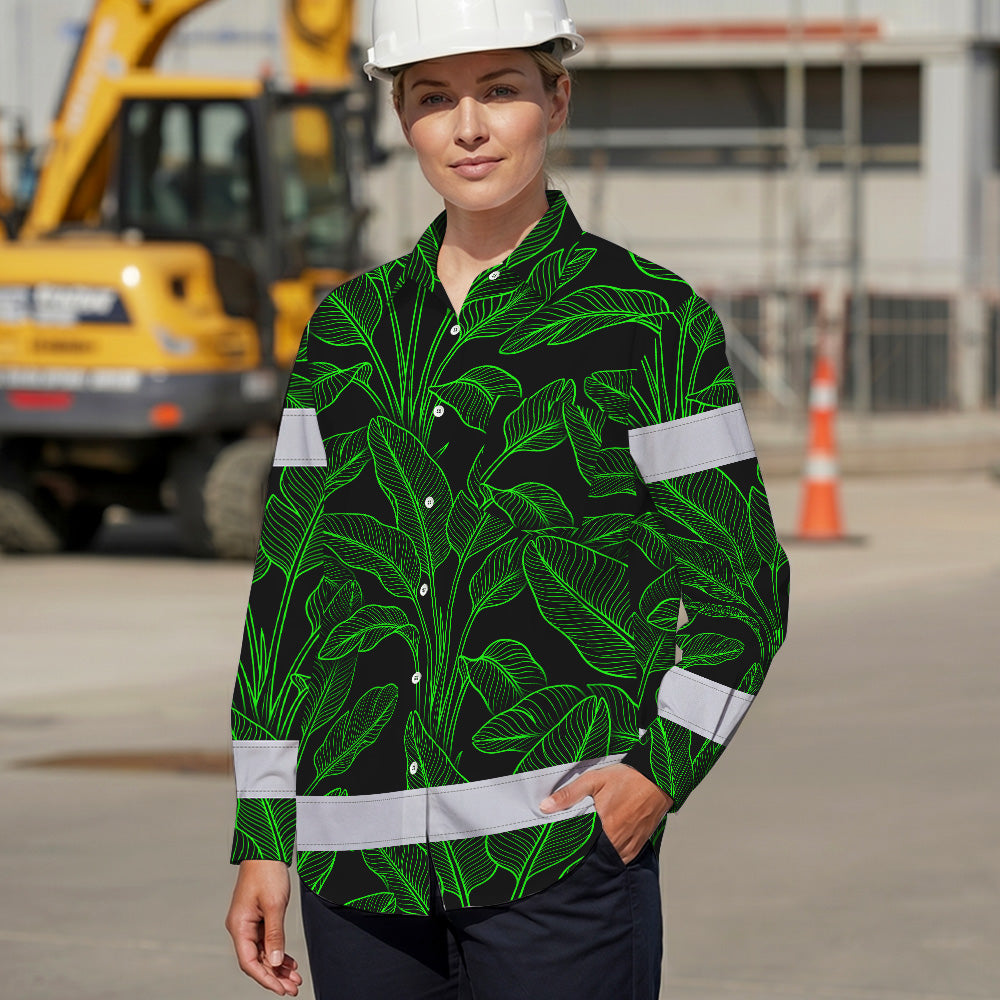 Hi Vis Hawaiian Long Sleeve Shirt Reflective Tapes Green Neon Leaves Hi-Vis Long Sleeve Shirt
