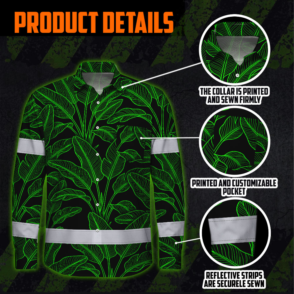 Hi Vis Hawaiian Long Sleeve Shirt Reflective Tapes Green Neon Leaves Hi-Vis Long Sleeve Shirt
