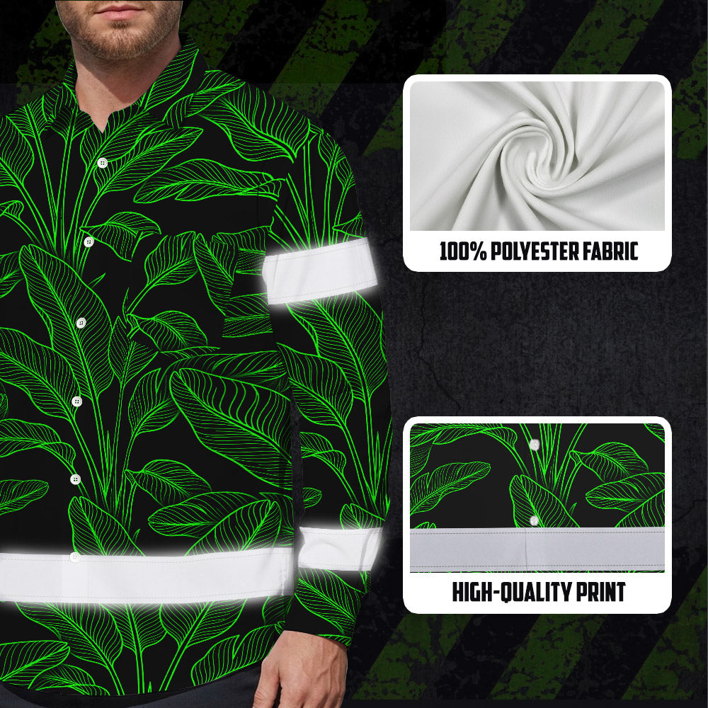 Hi Vis Hawaiian Long Sleeve Shirt Reflective Tapes Green Neon Leaves Hi-Vis Long Sleeve Shirt