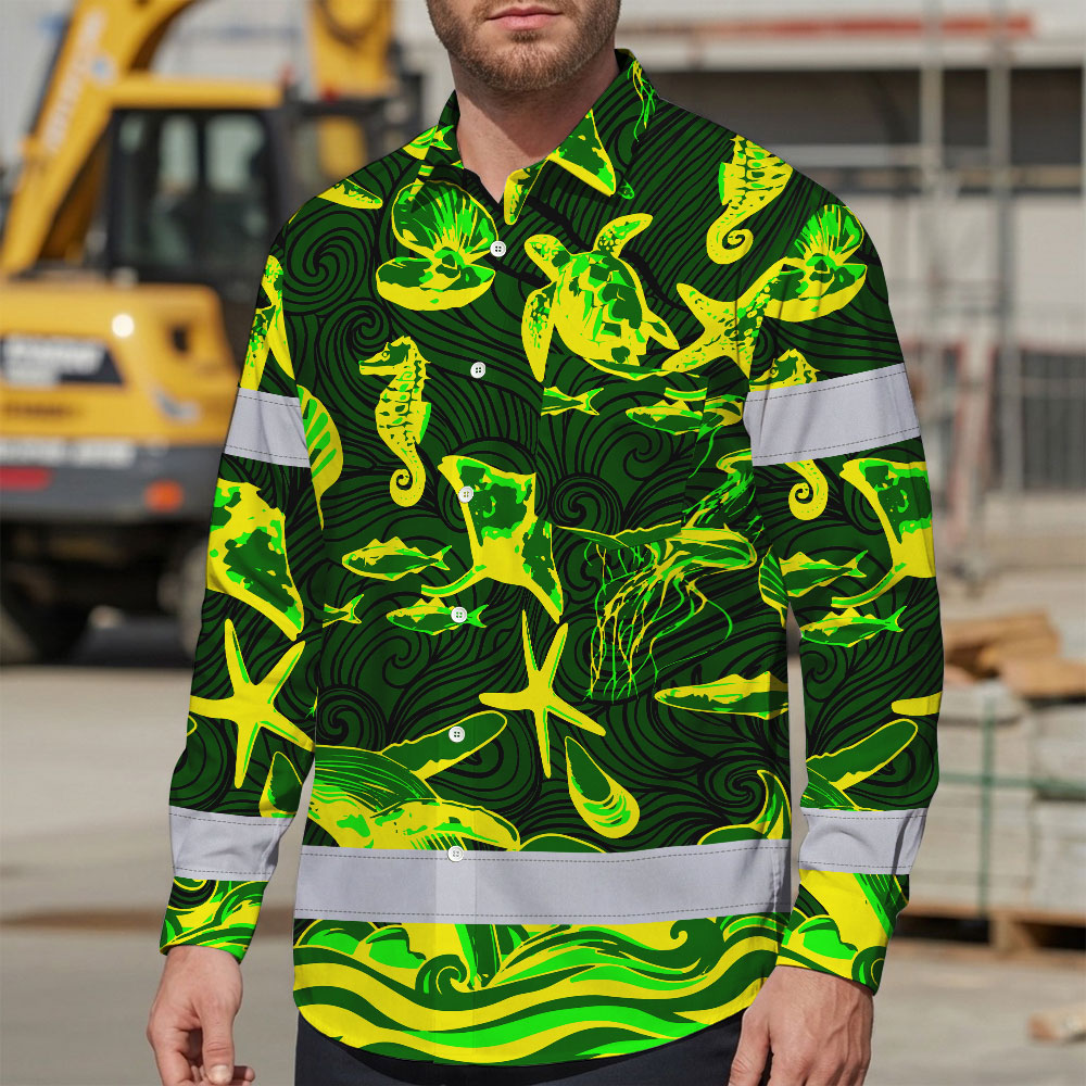Hi Vis Hawaiian Long Sleeve Shirt Reflective Tape Gradient Green Yellow Sea Animal Hi-Vis Long Sleeve Shirt