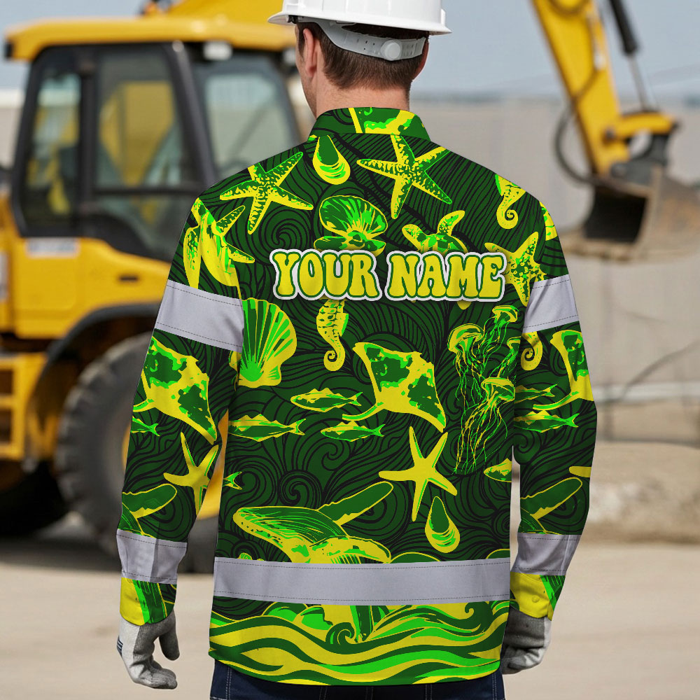Hi Vis Hawaiian Long Sleeve Shirt Reflective Tape Gradient Green Yellow Sea Animal Hi-Vis Long Sleeve Shirt