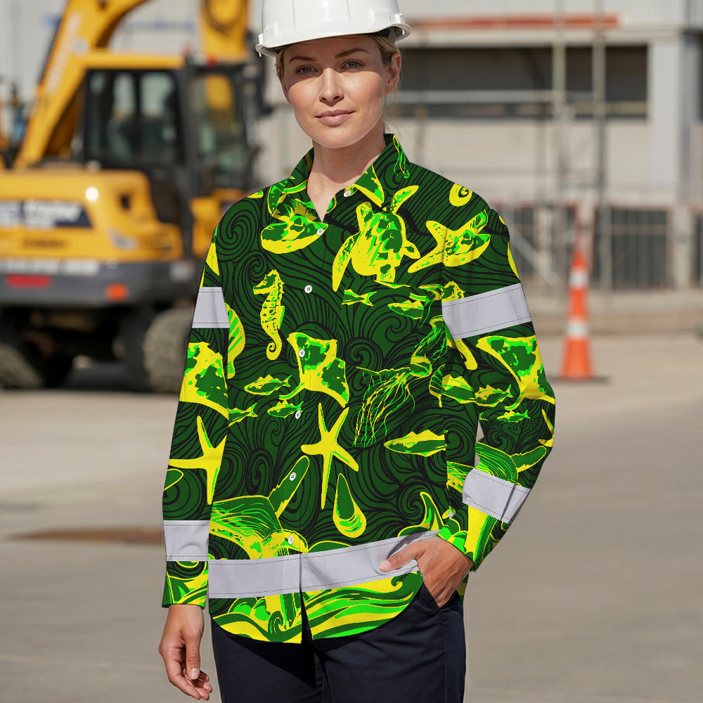 Hi Vis Hawaiian Long Sleeve Shirt Reflective Tape Gradient Green Yellow Sea Animal Hi-Vis Long Sleeve Shirt