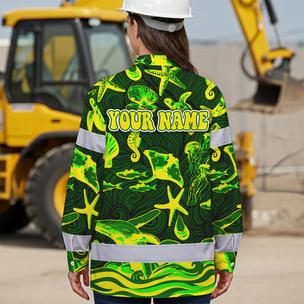 Hi Vis Hawaiian Long Sleeve Shirt Reflective Tape Gradient Green Yellow Sea Animal Hi-Vis Long Sleeve Shirt