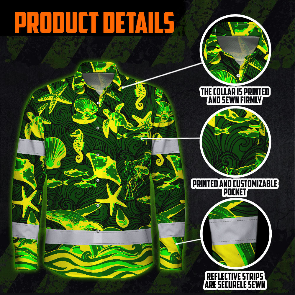 Hi Vis Hawaiian Long Sleeve Shirt Reflective Tape Gradient Green Yellow Sea Animal Hi-Vis Long Sleeve Shirt