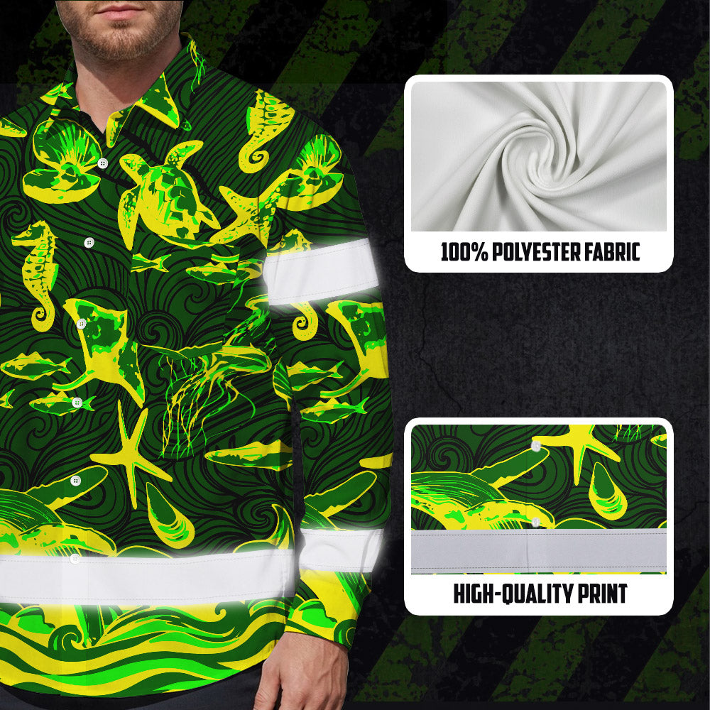 Hi Vis Hawaiian Long Sleeve Shirt Reflective Tape Gradient Green Yellow Sea Animal Hi-Vis Long Sleeve Shirt
