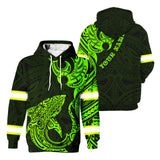 Hi Vis Hoodie Reflective Tapes Green Shark Hawaiian Polynesian Tribal Custom Name Safety Workwear For Workers, Runners, Cyclists