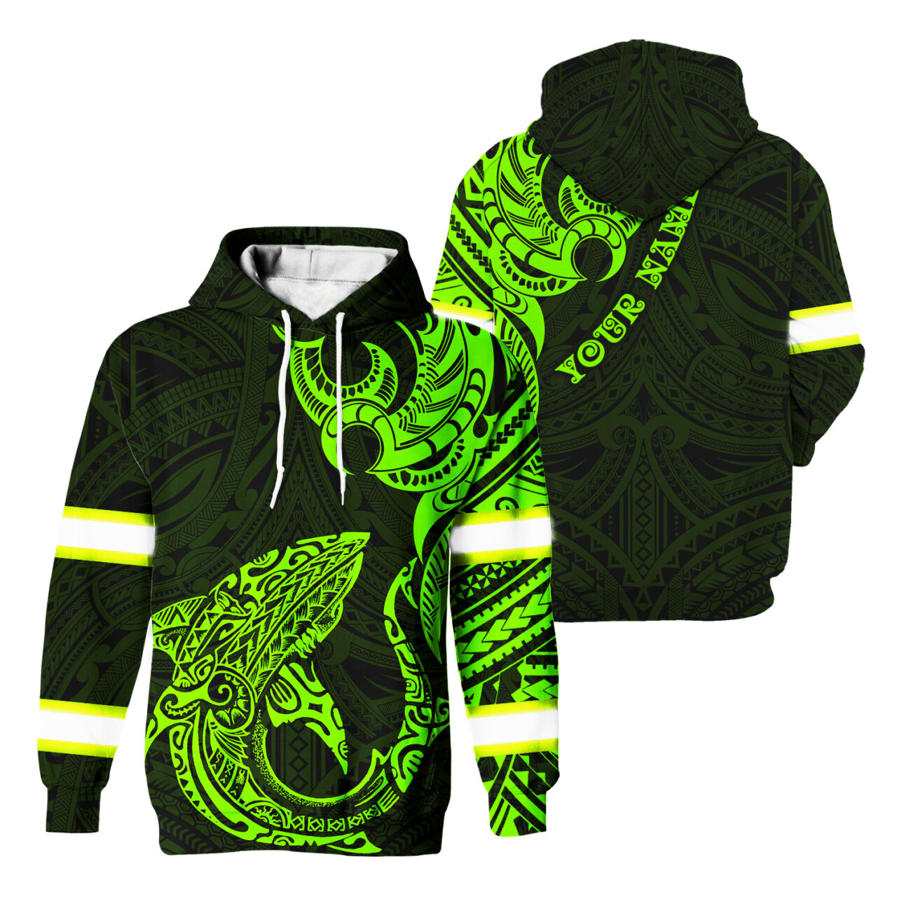 Hi Vis Hoodie Reflective Tapes Green Shark Hawaiian Polynesian Tribal Custom Name Safety Workwear For Workers, Runners, Cyclists