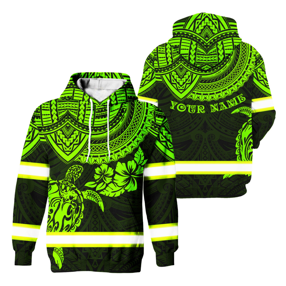 Hi Vis Hoodie Reflective Tapes Green Turtle Flower Hawaiian Polynesian Tribal Custom Name Safety Workwear For Workers, Runners, Cyclists