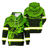 Hi Vis Hoodie Reflective Tapes Green Turtle Flower Hawaiian Polynesian Tribal Custom Name Safety Workwear For Workers, Runners, Cyclists