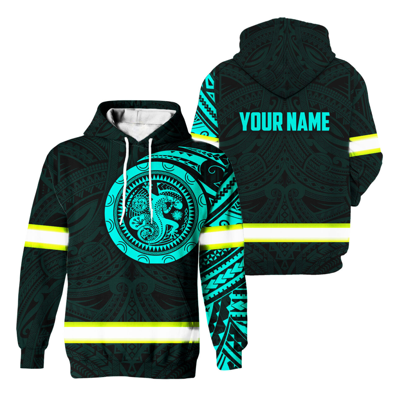 Hi Vis Hoodie Reflective Tapes Mint Hawaiian Polynesian Tribal Custom Name Safety Workwear For Workers, Runners, Cyclists
