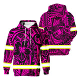 Hi Vis Hoodie Reflective Tapes Pink Flower Hawaiian Polynesian Tribal Custom Name Safety Workwear For Workers, Runners, Cyclists