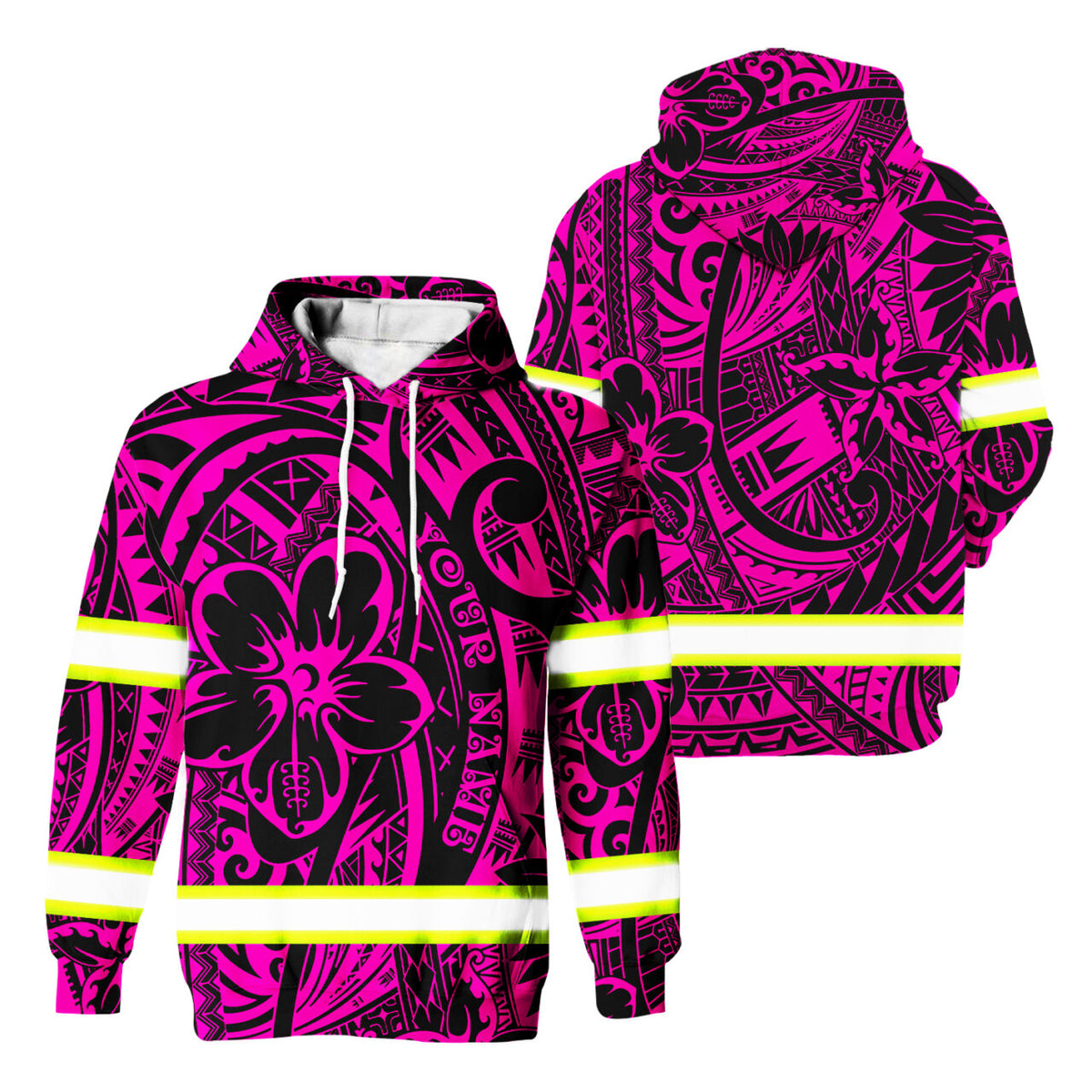 Hi Vis Hoodie Reflective Tapes Pink Flower Hawaiian Polynesian Tribal Custom Name Safety Workwear For Workers, Runners, Cyclists