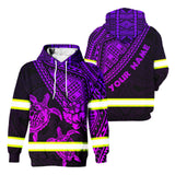 Hi Vis Hoodie Reflective Tapes Violet Couple Turtle Flower Hawaiian Polynesian Tribal Custom Name Safety Workwear For Workers, Runners, Cyclists