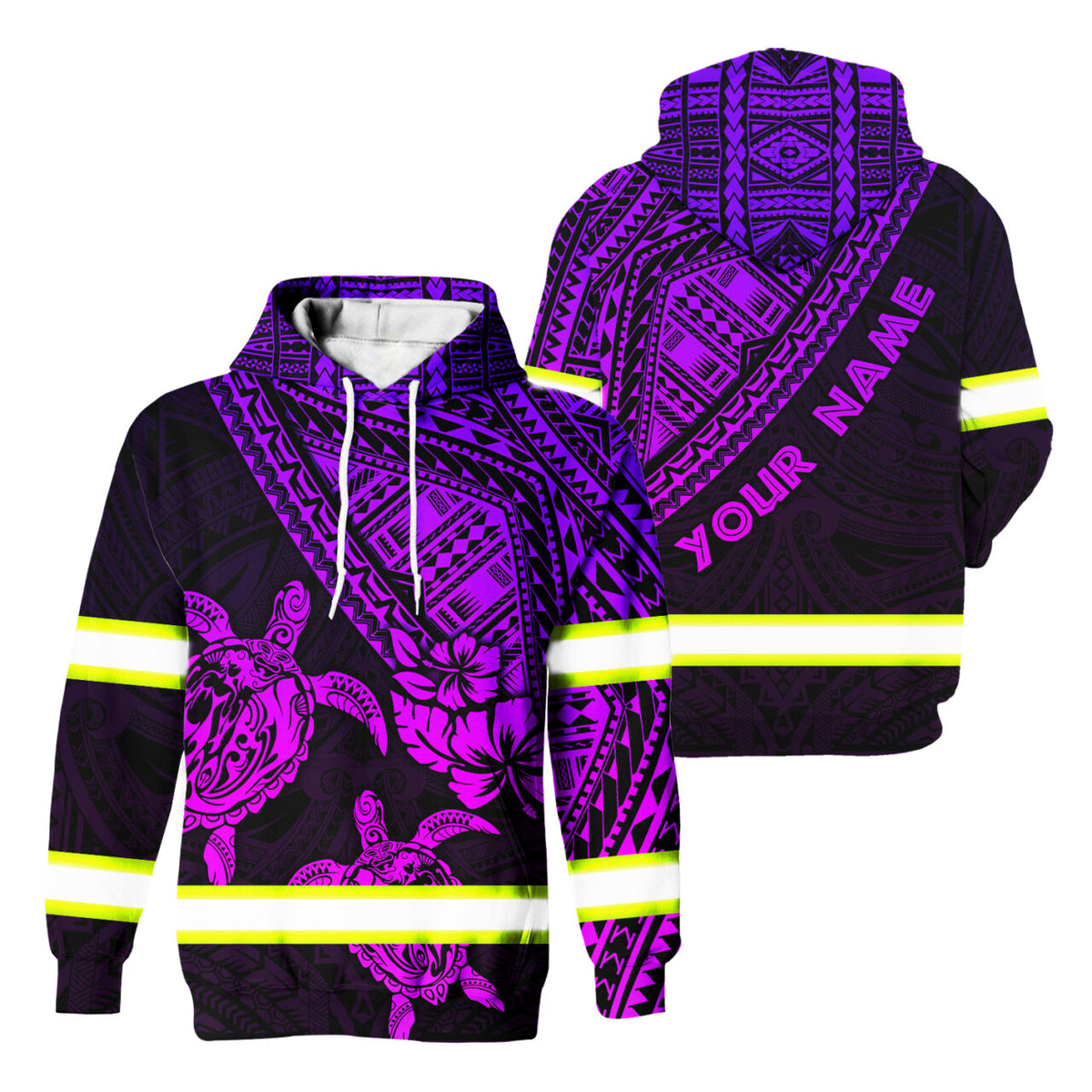 Hi Vis Hoodie Reflective Tapes Violet Couple Turtle Flower Hawaiian Polynesian Tribal Custom Name Safety Workwear For Workers, Runners, Cyclists
