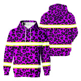 Hi Vis Hoodie Reflective Tapes Violet Leopard Safety Workwear For Workers, Runners, Cyclists