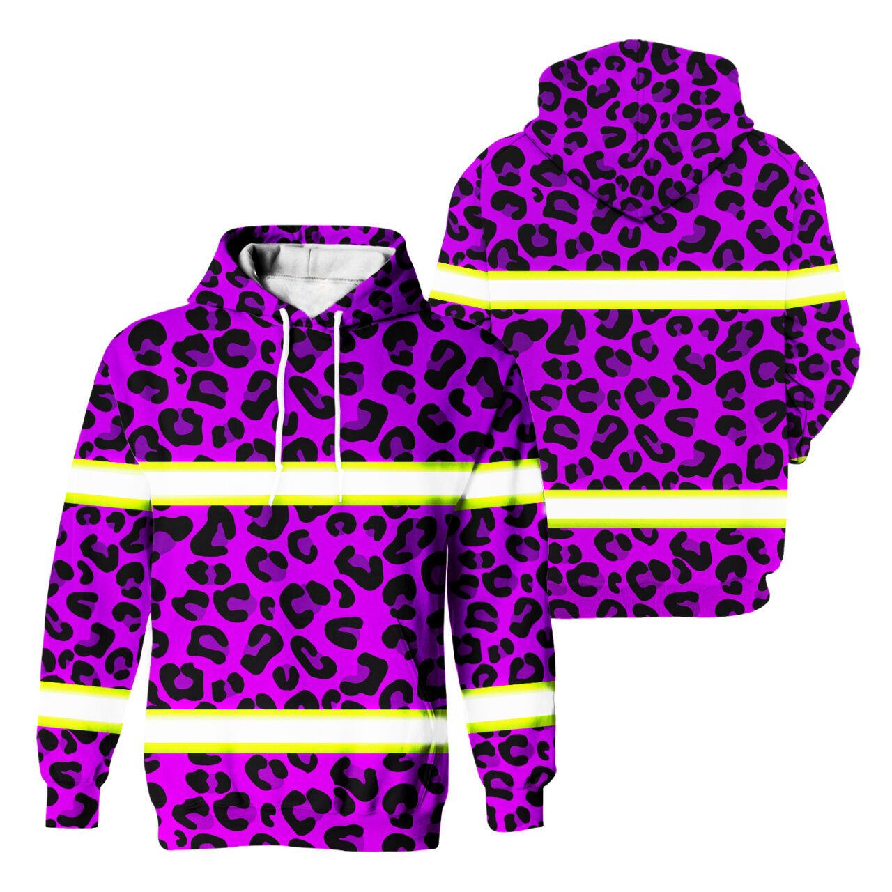 Hi Vis Hoodie Reflective Tapes Violet Leopard Safety Workwear For Workers, Runners, Cyclists