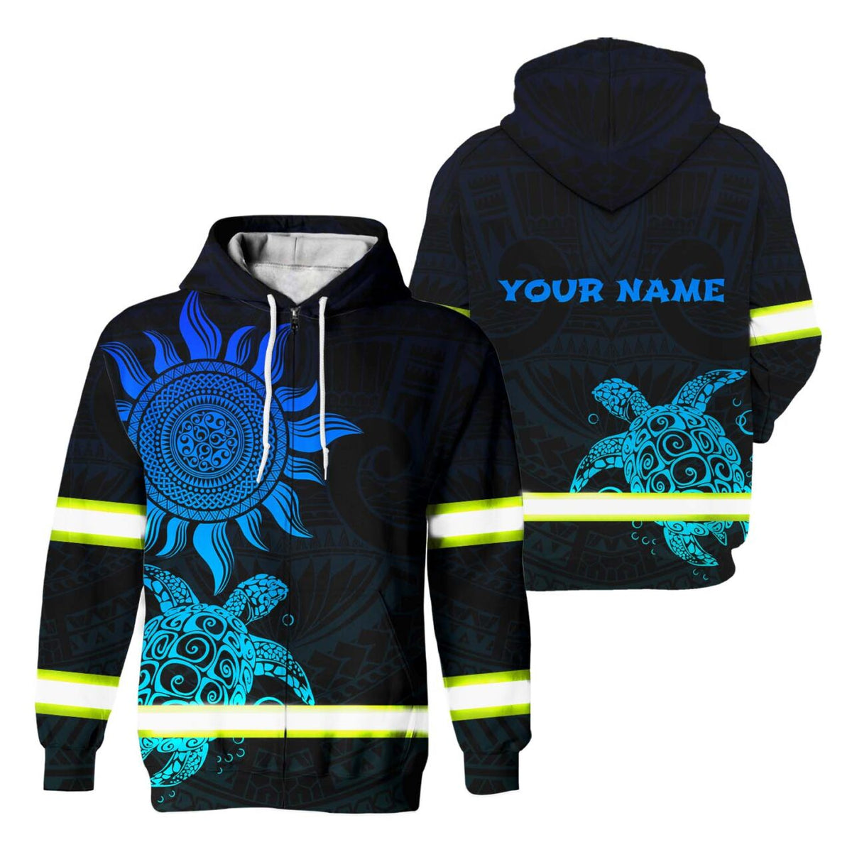 Hi Vis Zip Hoodie Reflective Blue Neon Sun And Turtle Hawaii Polynesian Custom Name Safety Workwear For Workers, Runners, Cyclists, Patriotic