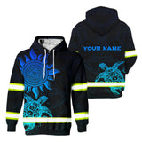 Hi Vis Zip Hoodie Reflective Blue Neon Sun And Turtle Hawaii Polynesian Custom Name Safety Workwear For Workers, Runners, Cyclists, Patriotic