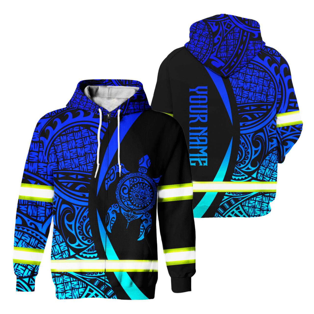 Hi Vis Zip Hoodie Reflective Blue Neon Turtle Gradient Hawaii Polynesian Custom Name Safety Workwear For Workers, Runners, Cyclists, Patriotic